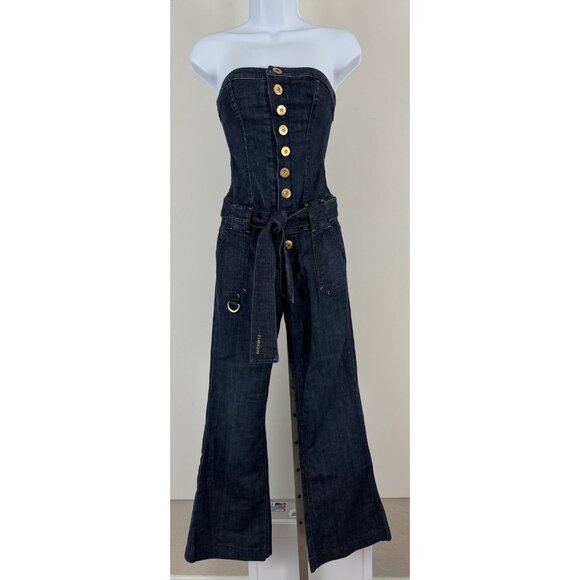 BEBE Strapless Denim Jumpsuit Snap Front Tie Belt Detail Bell Bottom Retro Sz 24 - Picture 1 of 5